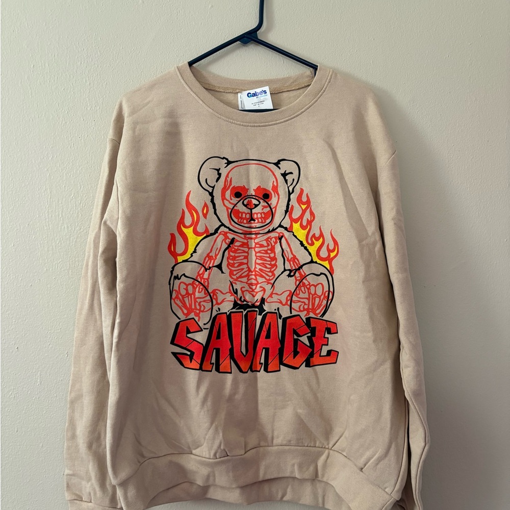 Tan Crewneck Sweater with Bold Graphic Design